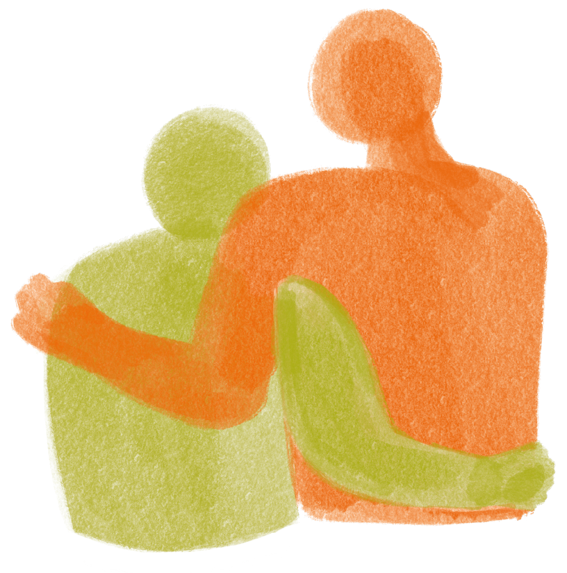 Illustration of two figures supporting each other with arm on shoulder and around waist