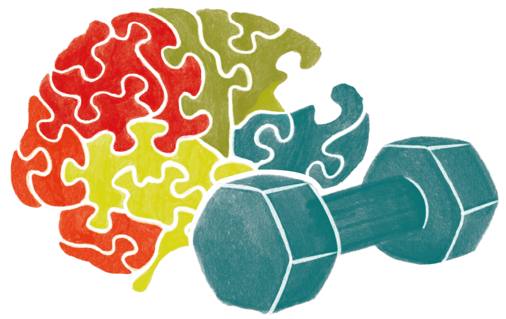 Illustration of a brain jigsaw puzzle alongside an exercise weight