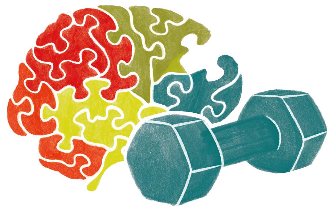 Illustration of a brain jigsaw puzzle alongside an exercise weight