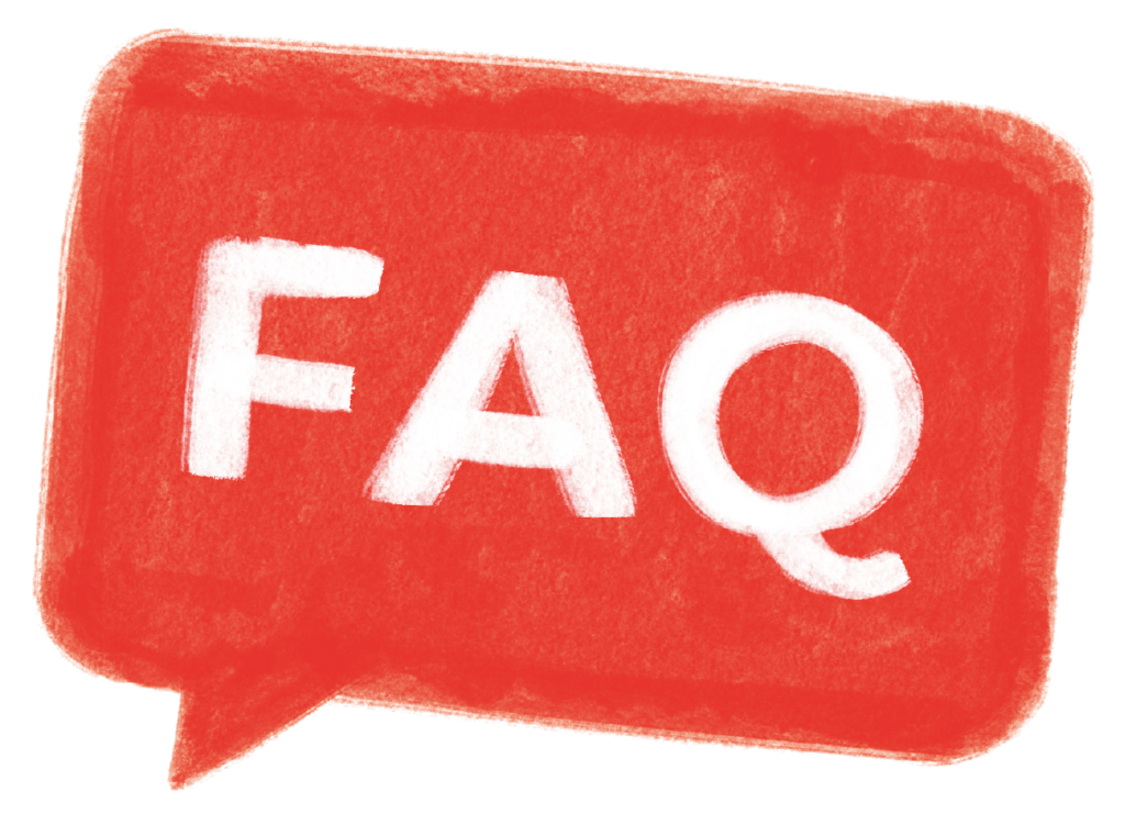 'FAQ' written in a speech bubble